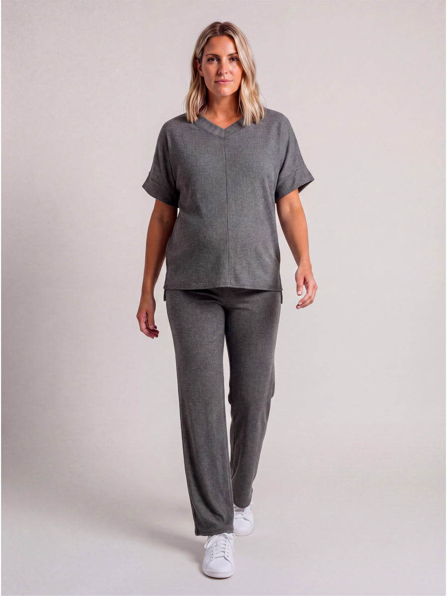 Basic Maternity Ribbed Knit Dolman Sleeve V Neck Top and Drawstring Wide Leg Pant Set