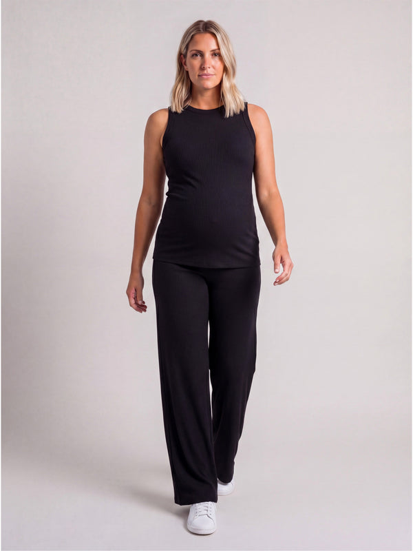 Basic Maternity Ribbed Knit Tank Top and Elastic Waist Wide Leg Pant Set