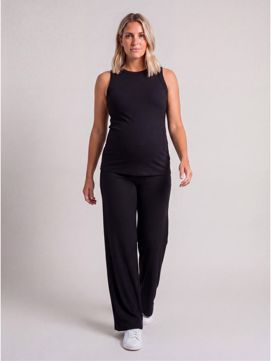 Basic Maternity Ribbed Knit Tank Top and Elastic Waist Wide Leg Pant Set