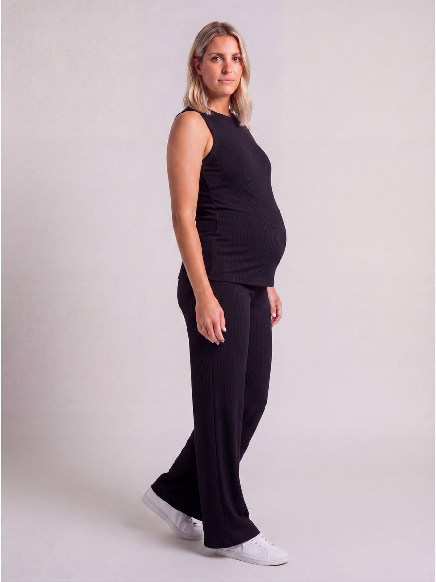Basic Maternity Ribbed Knit Tank Top and Elastic Waist Wide Leg Pant Set