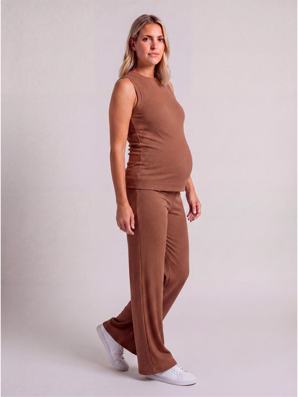 Basic Maternity Ribbed Knit Tank Top and Elastic Waist Wide Leg Pant Set