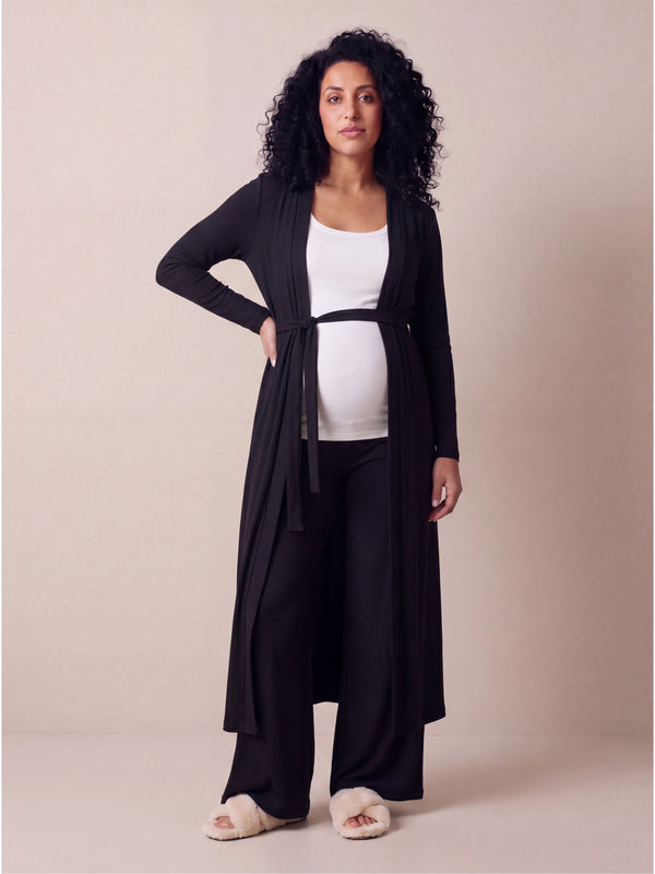 Basic Maternity Long Sleeve Tie Waist Soft Jacket and Elastic Waist Wide Leg Pant Set