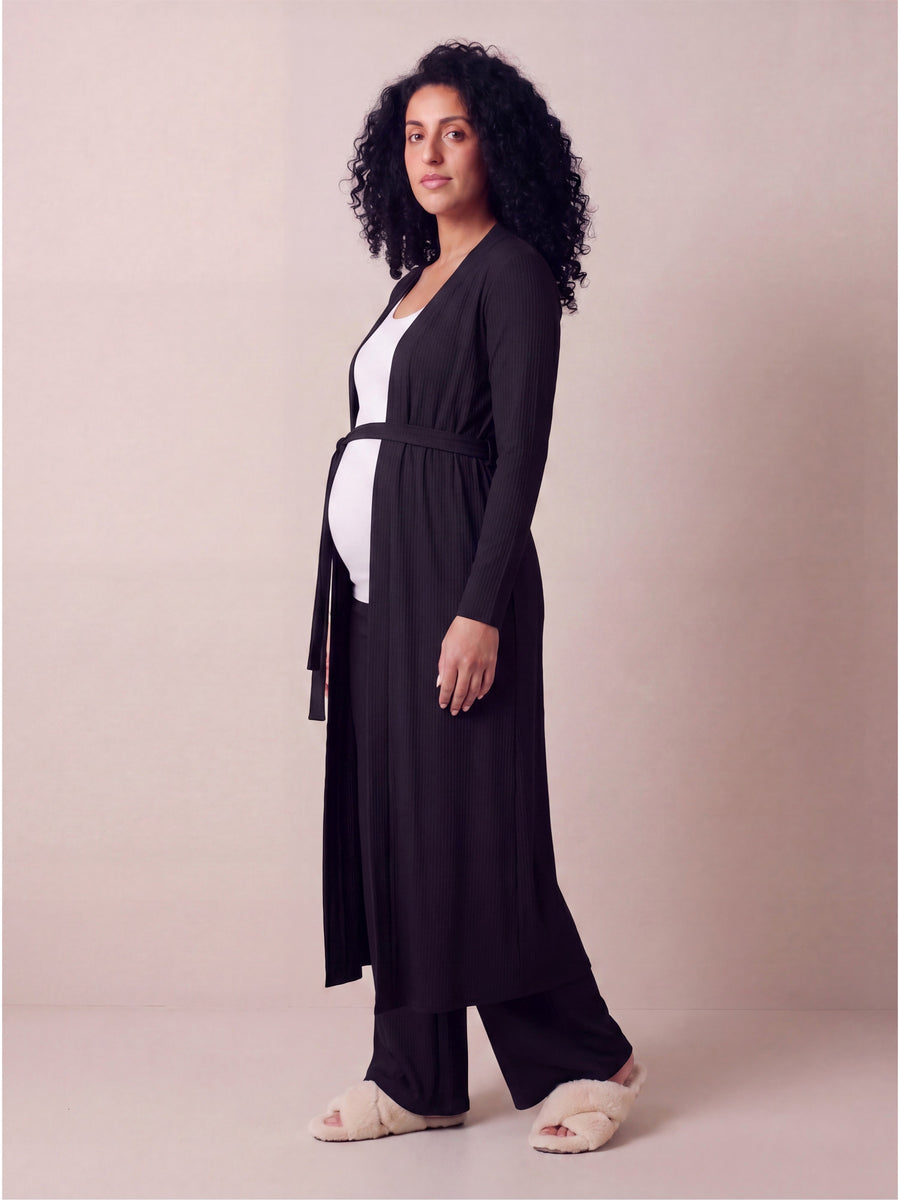 Basic Maternity Long Sleeve Tie Waist Soft Jacket and Elastic Waist Wide Leg Pant Set