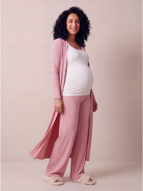 Basic Maternity Long Sleeve Tie Waist Soft Jacket and Elastic Waist Wide Leg Pant Set