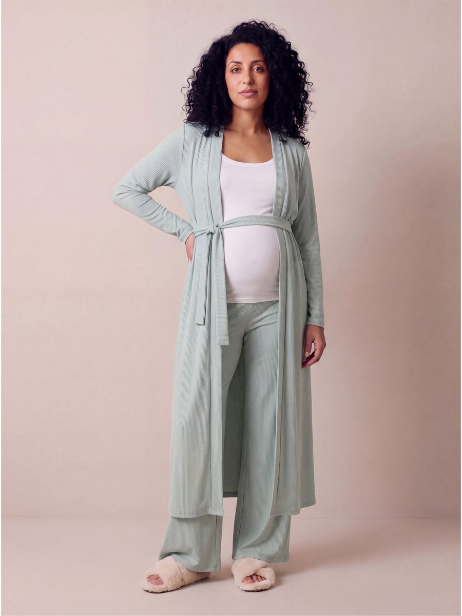 Basic Maternity Long Sleeve Tie Waist Soft Jacket and Elastic Waist Wide Leg Pant Set