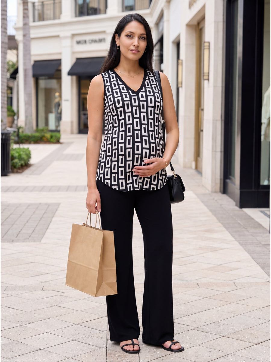 Essential Maternity Geometric Print V Neck Round Hem Top and Flared Pant Set