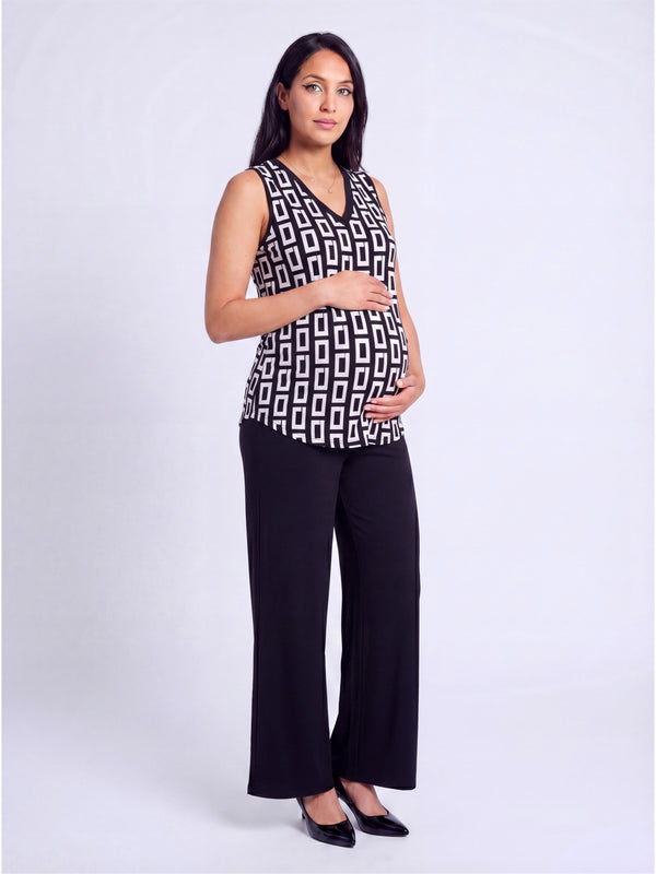 Essential Maternity Geometric Print V Neck Round Hem Top and Flared Pant Set