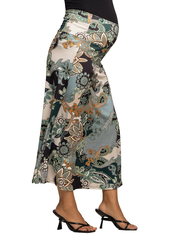 Essential Maternity Green Paisley Print Elastic Waist Maxi Skirt