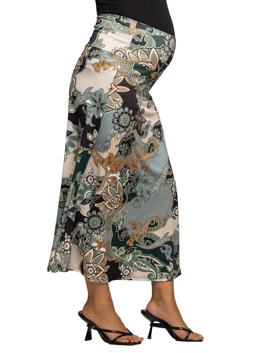 Essential Maternity Green Paisley Print Elastic Waist Maxi Skirt