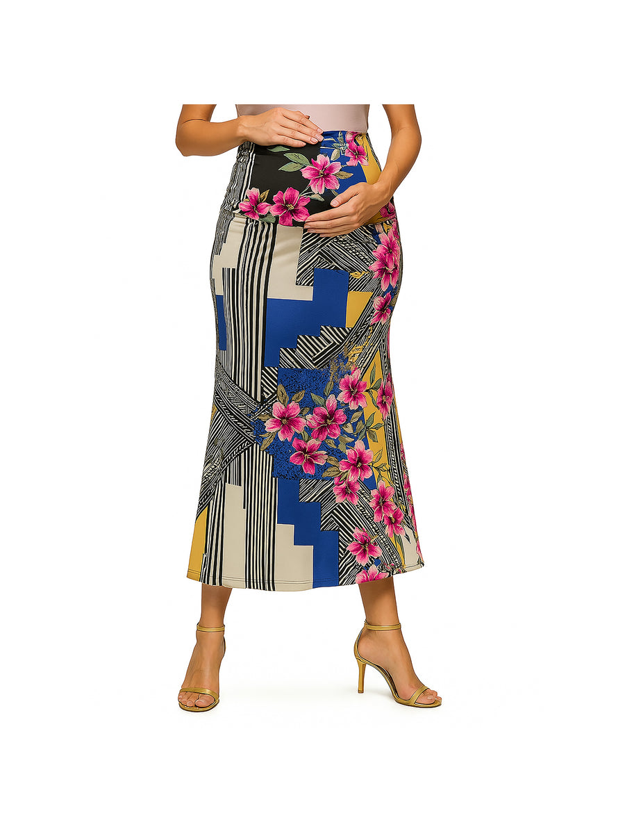 Essential Maternity Multicolor Floral Print Foldover Waist Maxi Skirt
