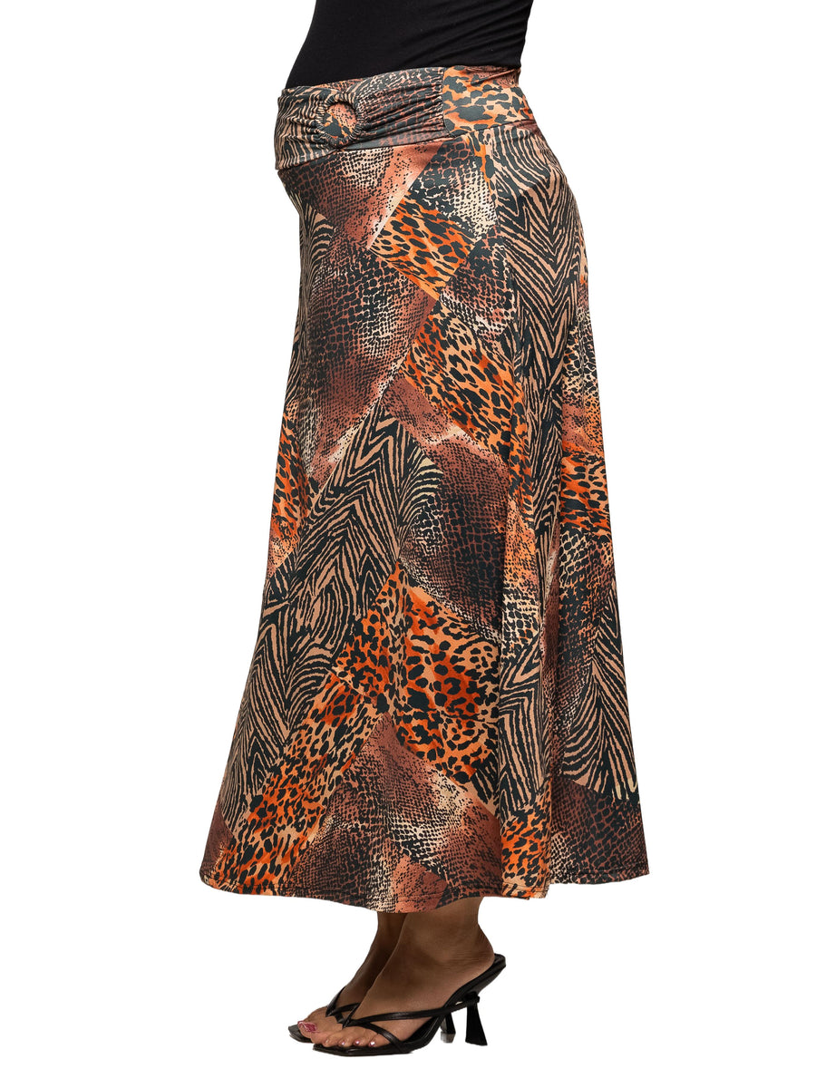 Essential Maternity Brown Animal Print Elastic Waist A Line Maxi Skirt