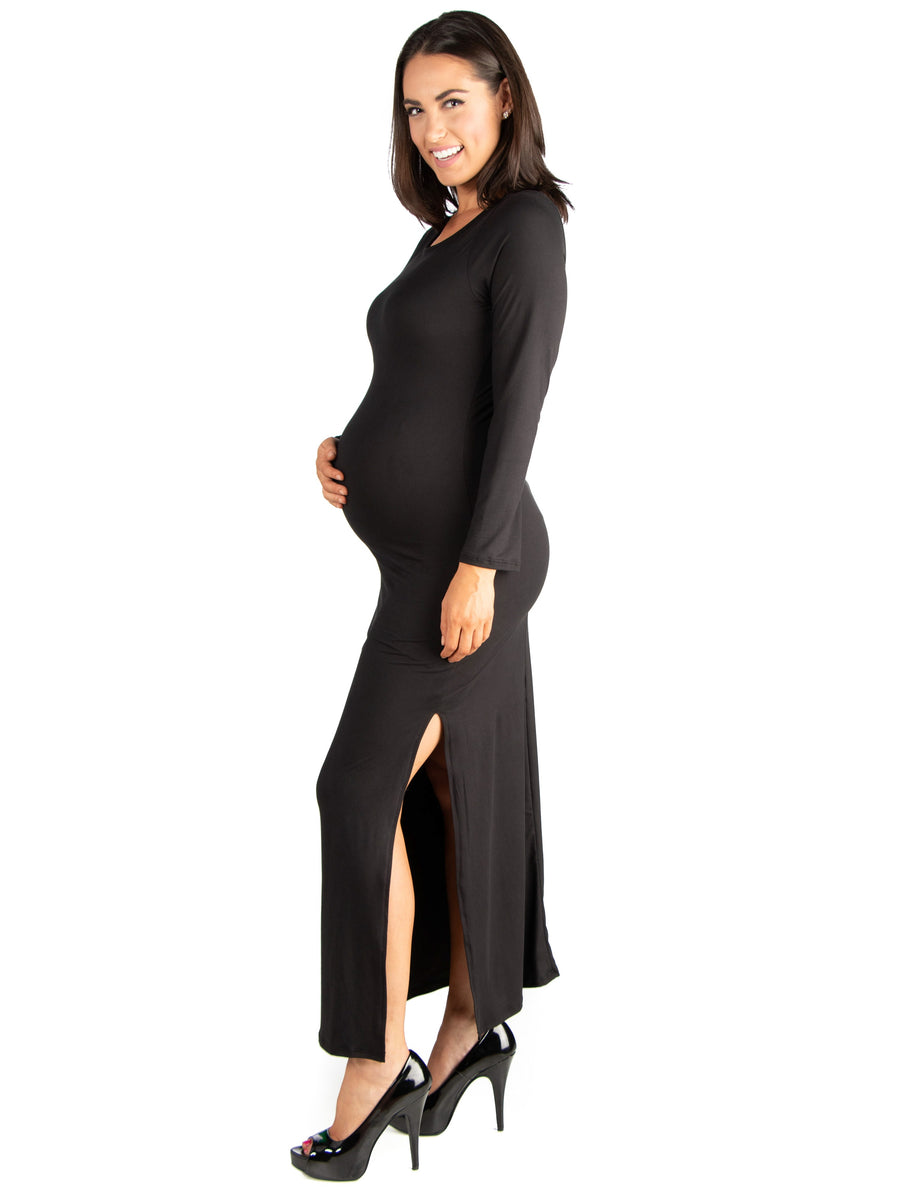 Essential Maternity Long Sleeve Side Slit Fitted Black Maxi Dress