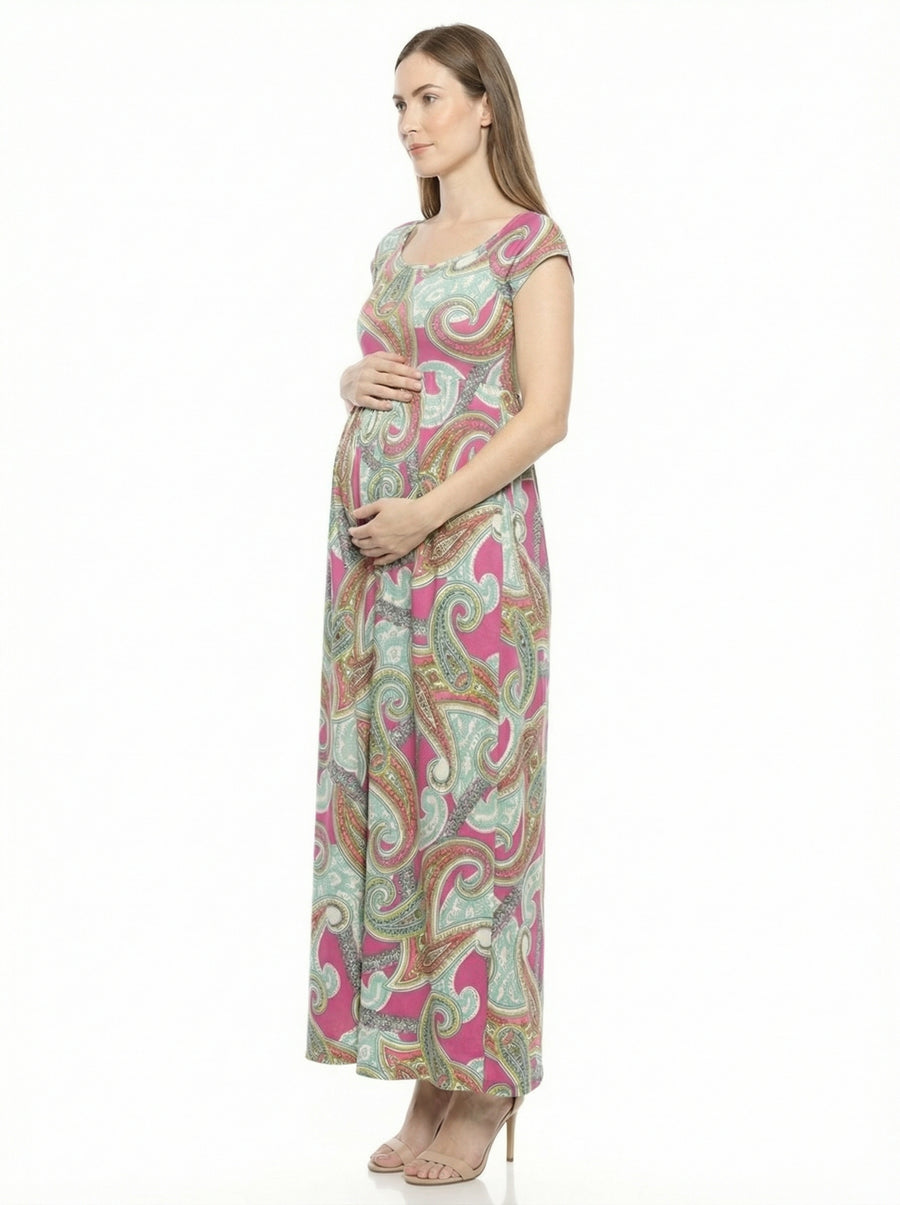 Essential Maternity Paisley Square Neck Cap Sleeve A Line Maxi Dress