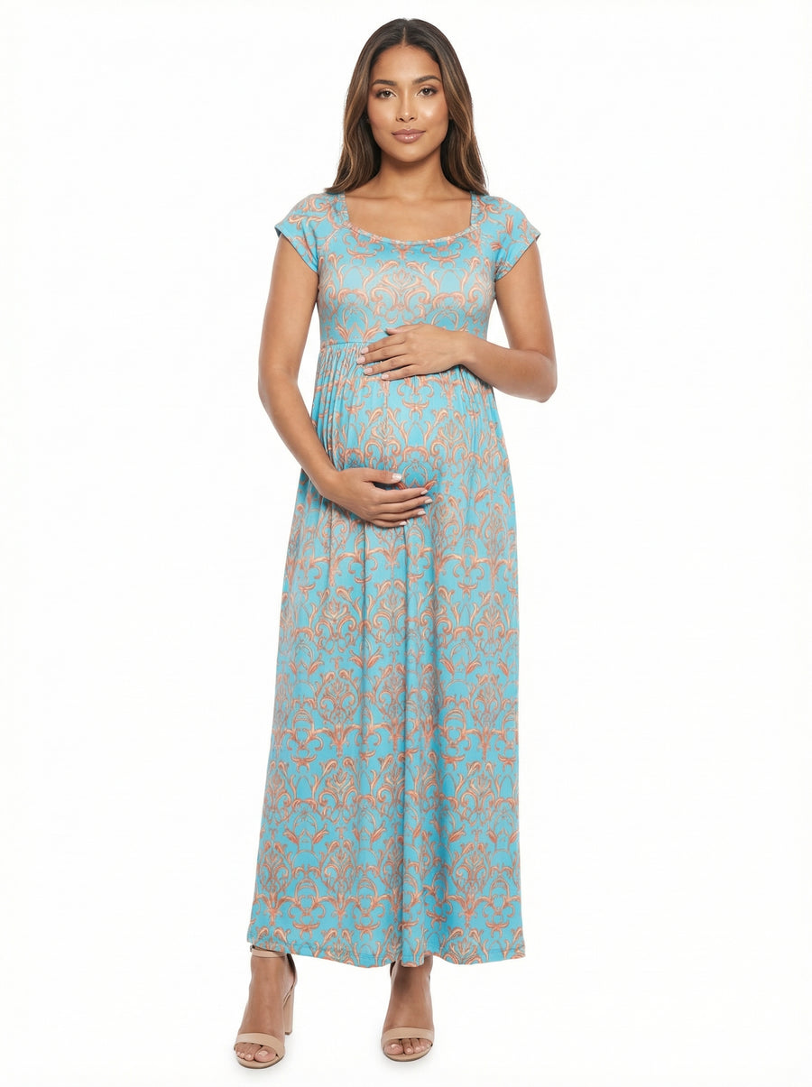Essential Maternity Abstract Square Neck Cap Sleeve A Line Maxi Dress