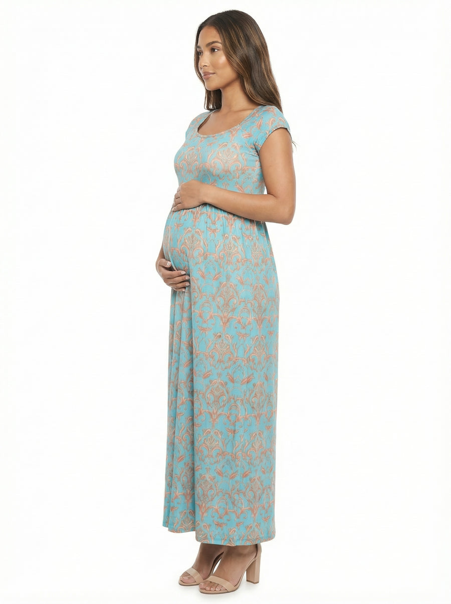 Essential Maternity Abstract Square Neck Cap Sleeve A Line Maxi Dress