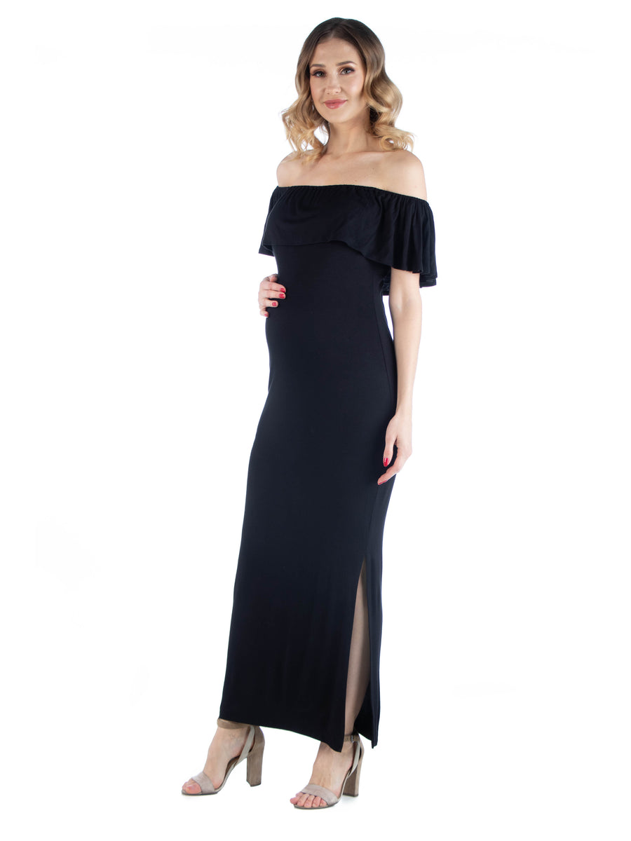 Essential Maternity Off Shoulder Ruffle Detail Side Slit Maxi Dress