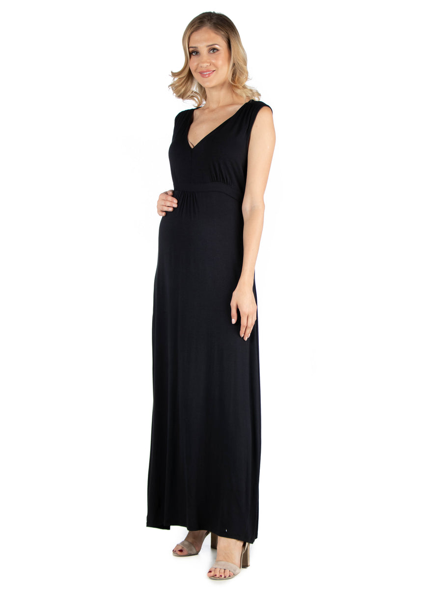 Essential Maternity V Neck Sleeveless Empire Waist Belted Maxi Dress