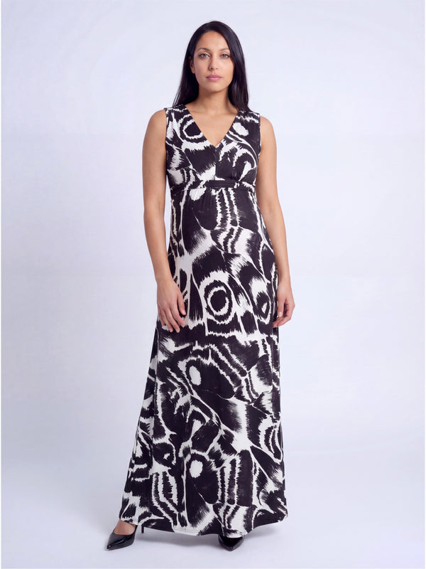 Essential Maternity Abstract Print V Neck Sleeveless Tie Back Empire Waist Maxi Dress