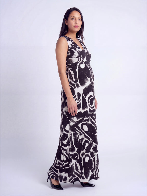 Essential Maternity Abstract Print V Neck Sleeveless Tie Back Empire Waist Maxi Dress