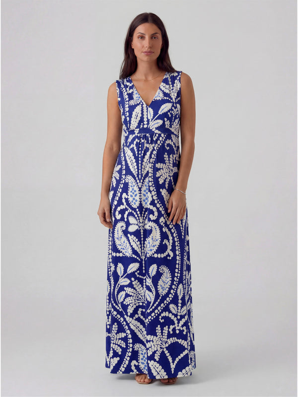 Essential Maternity Abstract Print V Neck Sleeveless Tie Back Empire Waist Maxi Dress