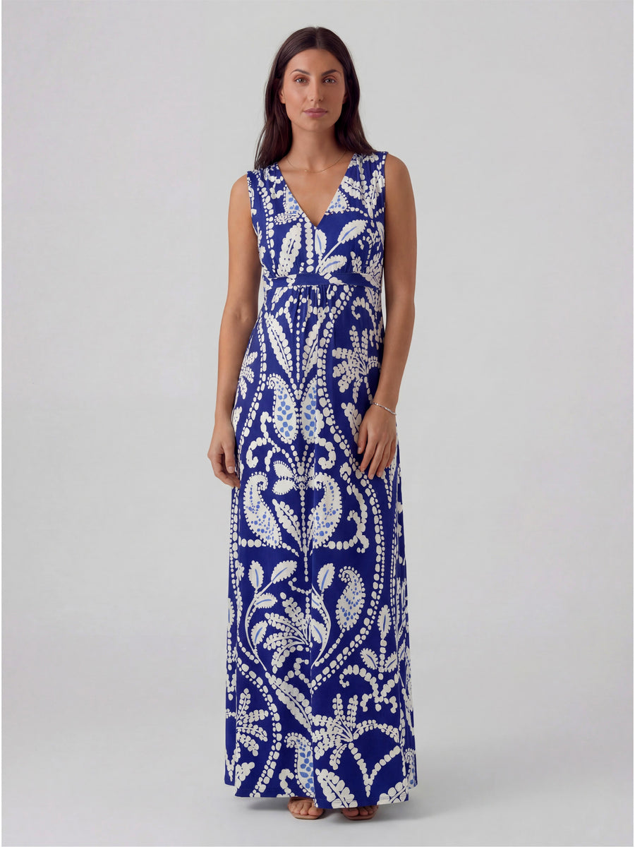 Essential Maternity Abstract Print V Neck Sleeveless Tie Back Empire Waist Maxi Dress