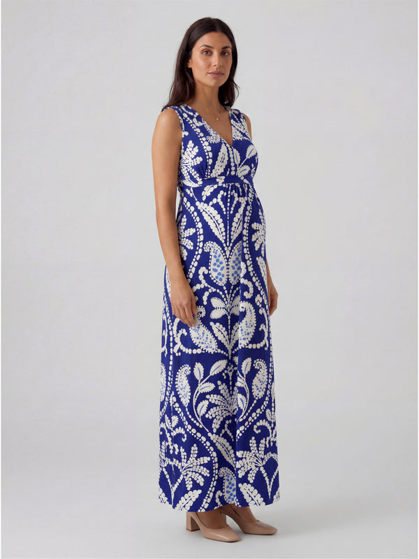 Essential Maternity Abstract Print V Neck Sleeveless Tie Back Empire Waist Maxi Dress