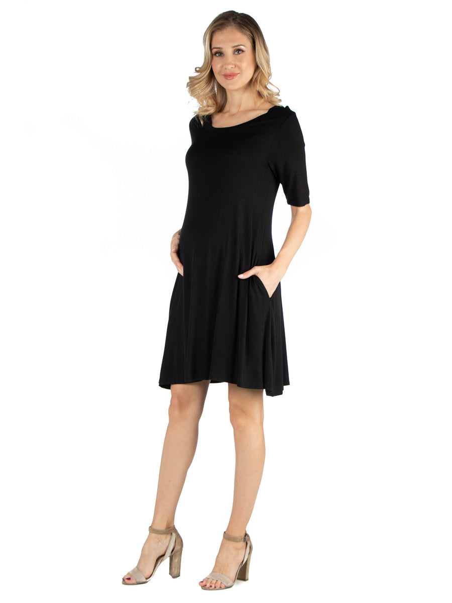 Essential Maternity Round Neck Elbow Sleeve T Shirt Pocket Dress