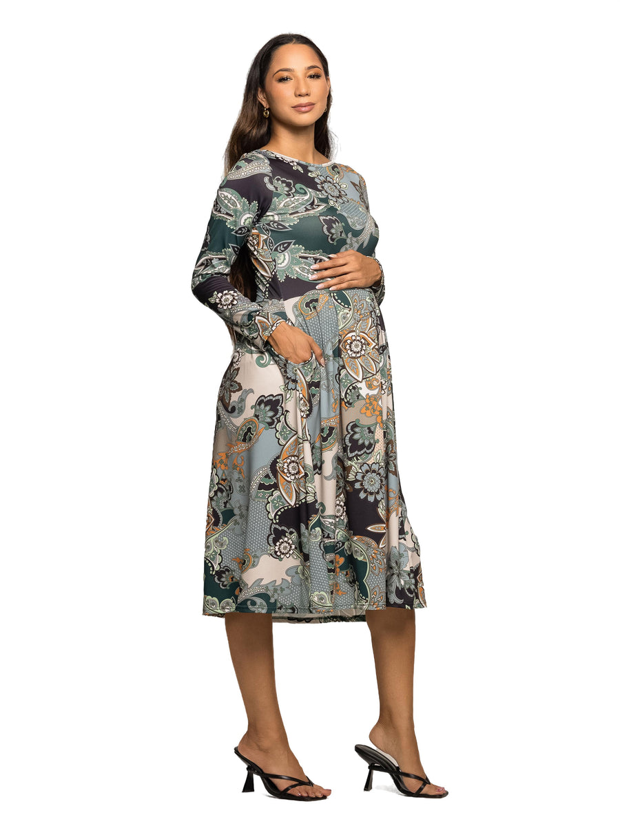 Essential Maternity Long Sleeve Teal Paisley Floral Print Midi Dress