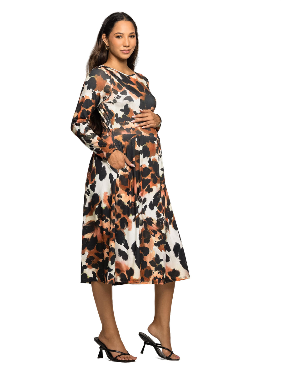 Essential Maternity Animal Print Boat Neck Long Sleeve Midi Dress
