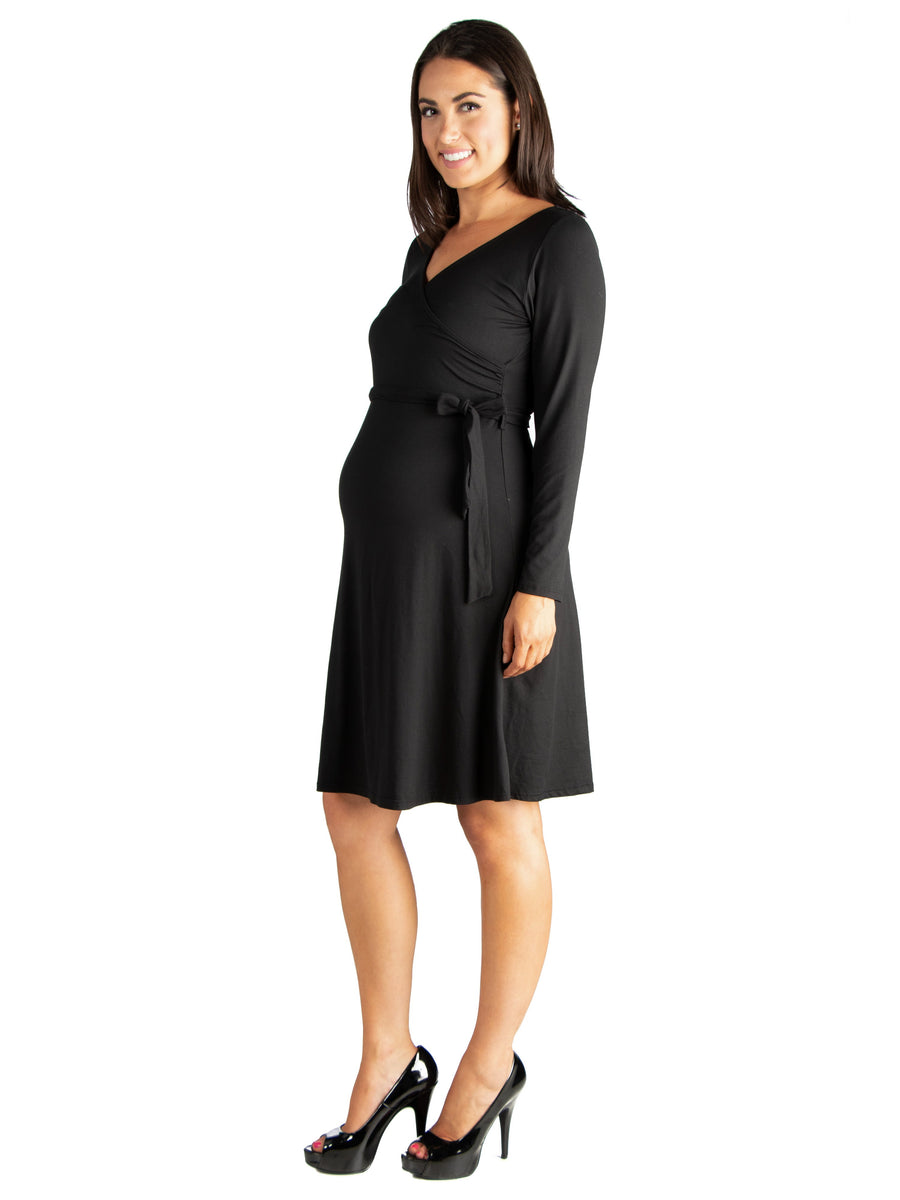 Essential Maternity V Neck Long Sleeve Belted Faux Wrap Dress