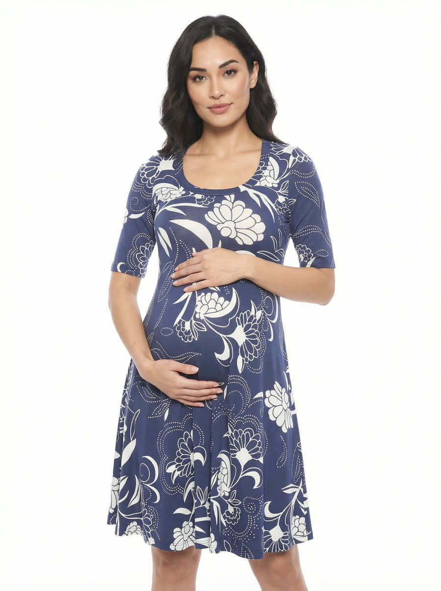 Essential Maternity Floral Scoop Neck Elbow Sleeve Knee Length Dress