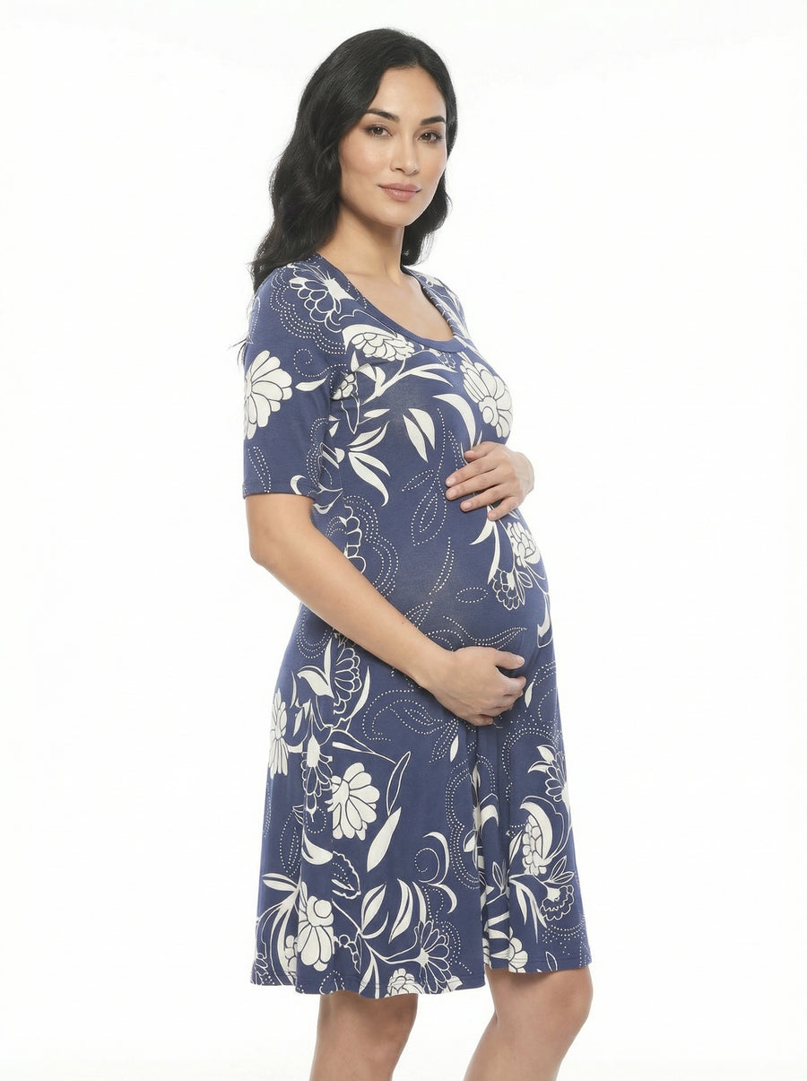 Essential Maternity Floral Scoop Neck Elbow Sleeve Knee Length Dress