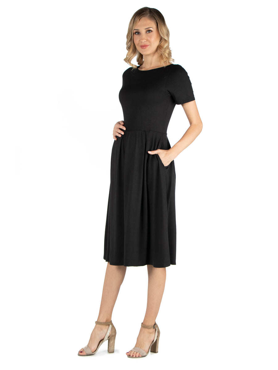Essential Maternity Boat Neck Short Sleeve Pleated Pocket Midi Dress