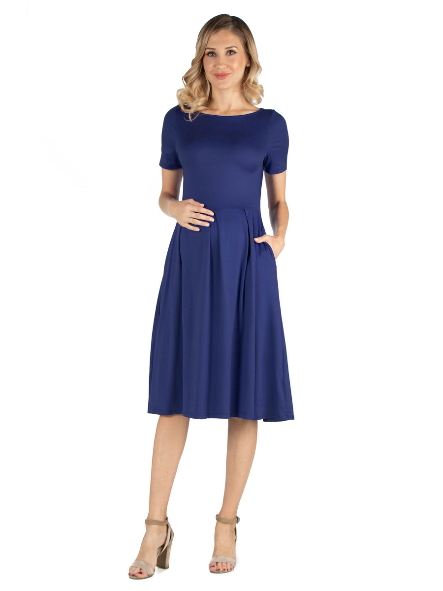 Essential Maternity Boat Neck Short Sleeve Pleated Pocket Midi Dress