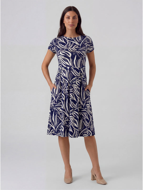 Essential Maternity Abstract Print Short Sleeve Boat Neck Pleated Pocket Fit N Flare Midi Dress