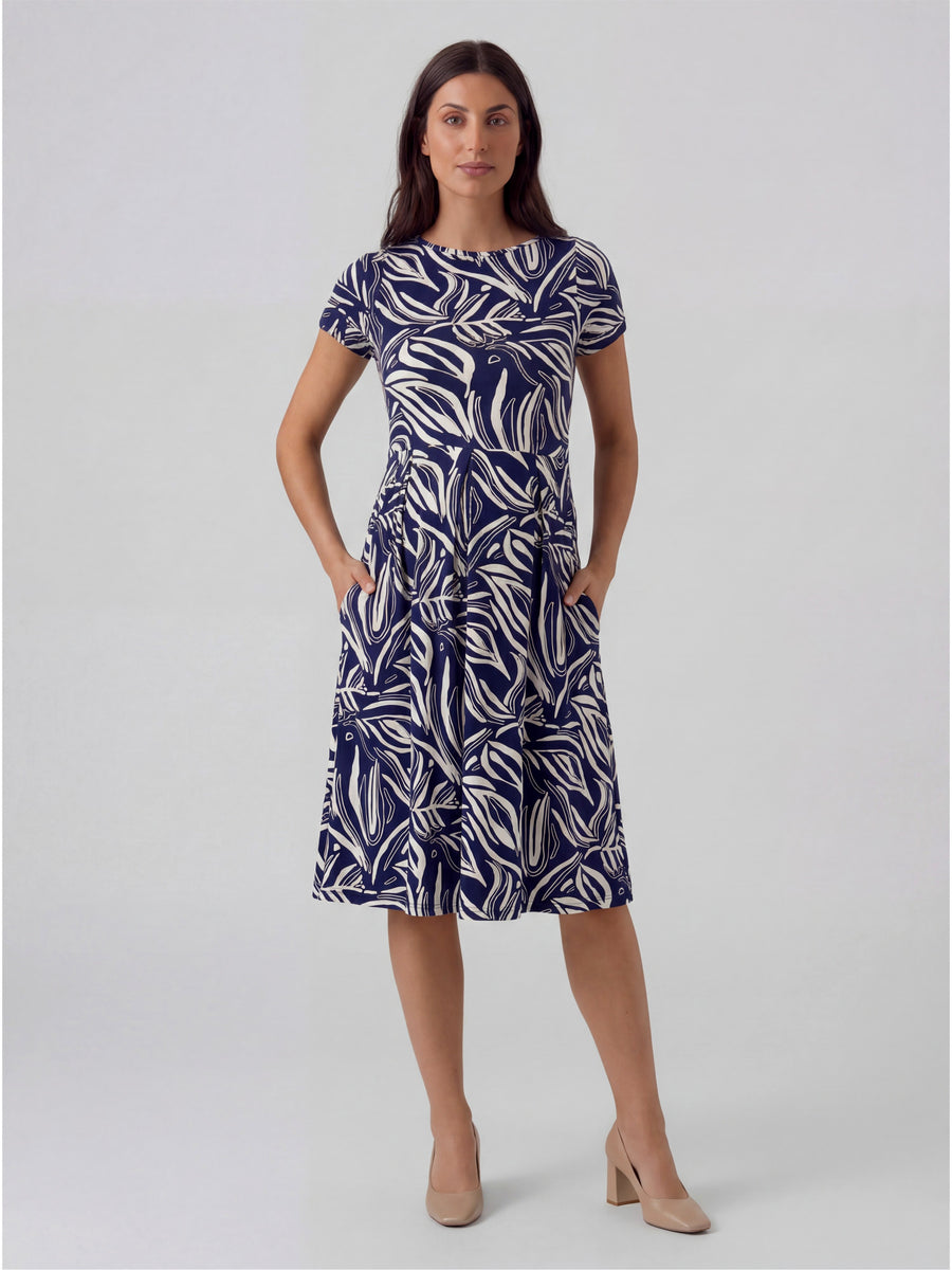 Essential Maternity Abstract Print Short Sleeve Boat Neck Pleated Pocket Fit N Flare Midi Dress