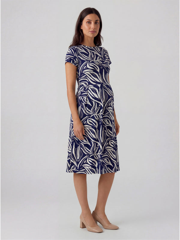 Essential Maternity Abstract Print Short Sleeve Boat Neck Pleated Pocket Fit N Flare Midi Dress