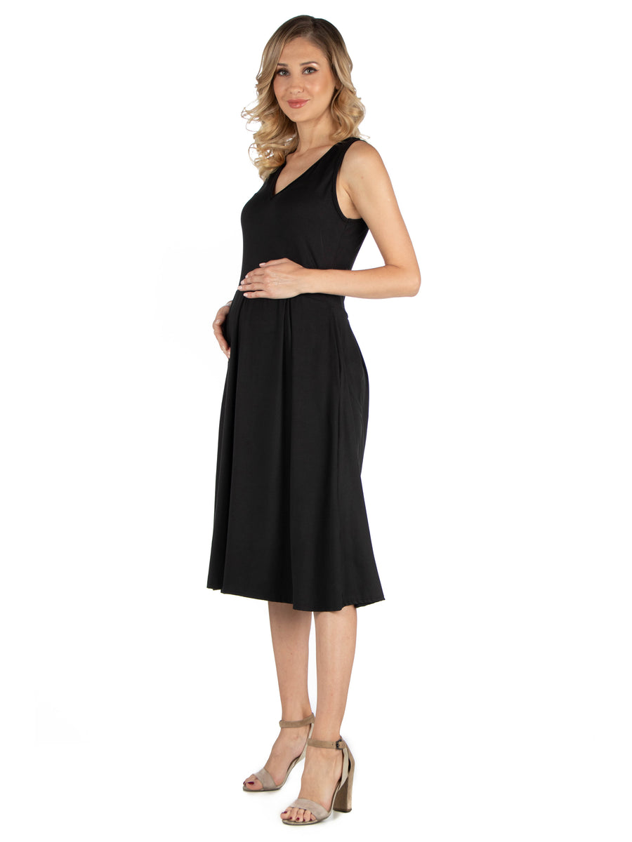 Essential Maternity V Neck Sleeveless Fit N Flare Pocket Midi Dress