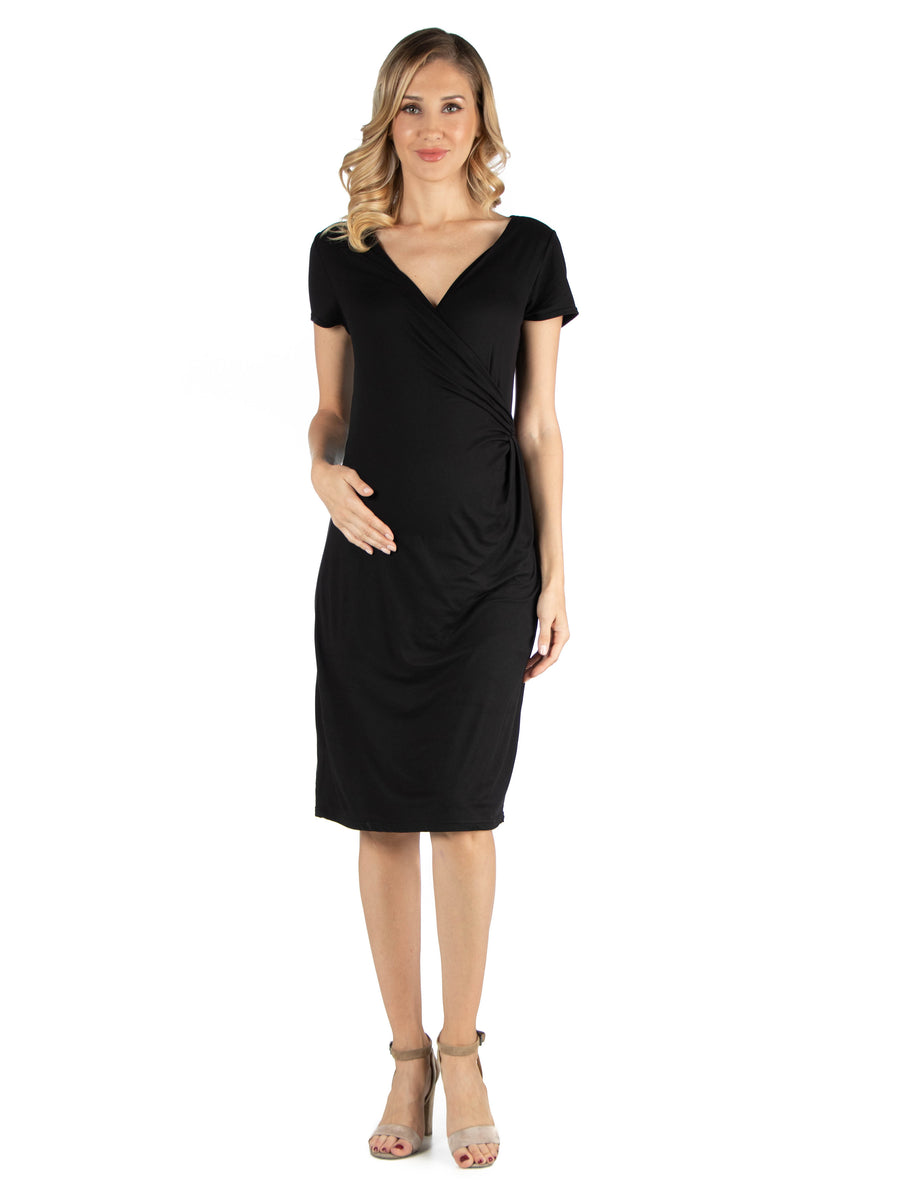 Essential Maternity V Neck Cap Sleeve Knee Length Faux Wrap Dress