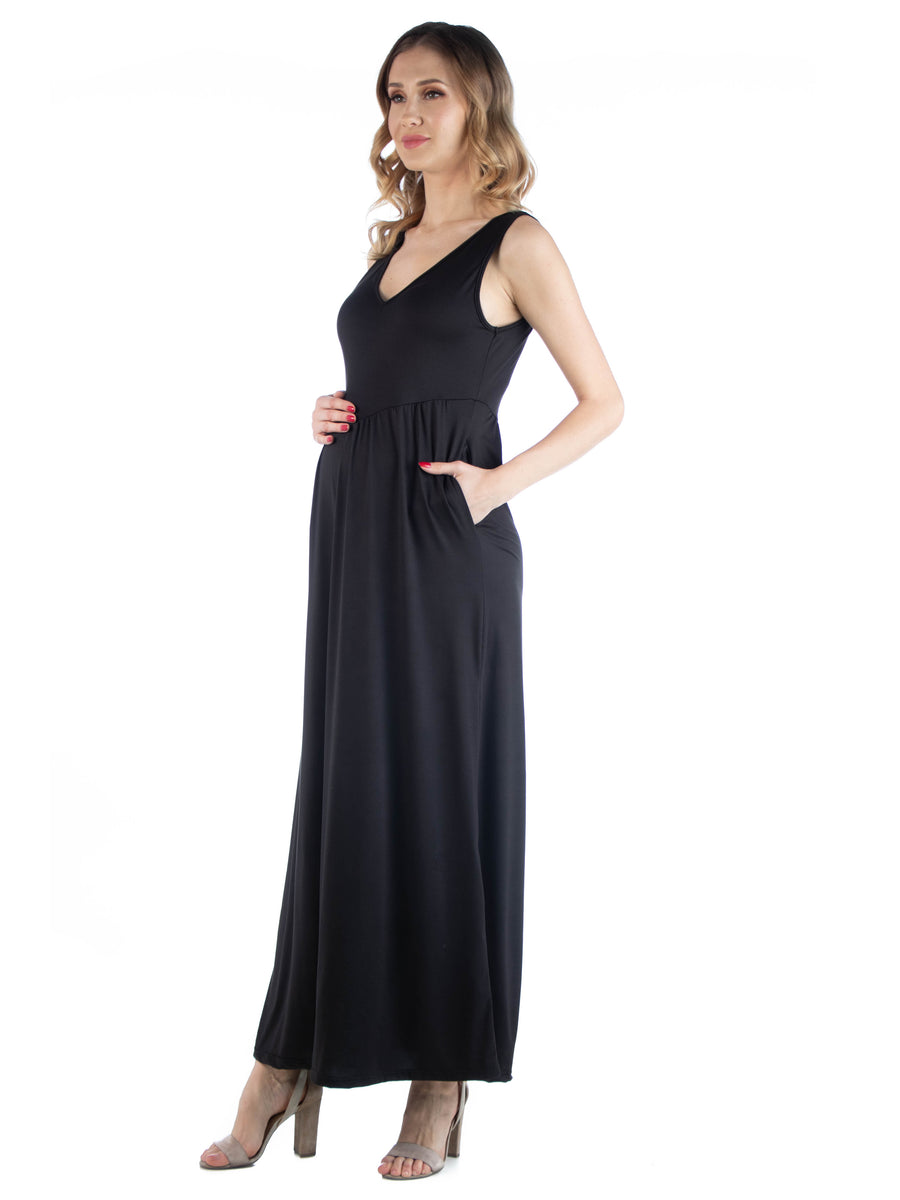 Essential Maternity V Neck Sleeveless A Line Pocket Maxi Dress