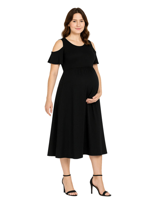 Elevate Maternity Ruffle Cold Shoulder A Line Maxi Dress