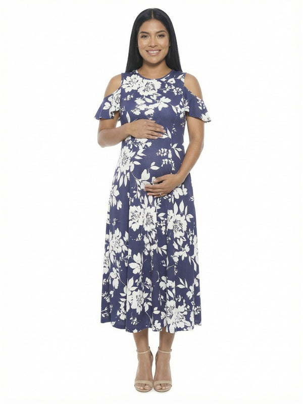 Elevate Maternity Floral Ruffle Sleeve Cold Shoulder A Line Maxi Dress