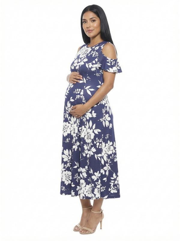 Elevate Maternity Floral Ruffle Sleeve Cold Shoulder A Line Maxi Dress