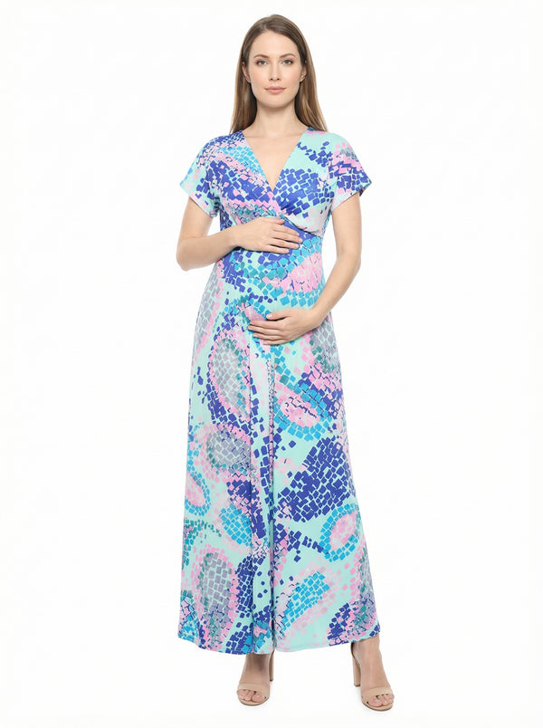 Essential Maternity Mosaic V Neck Empire Waist Cap Sleeve Maxi Dress
