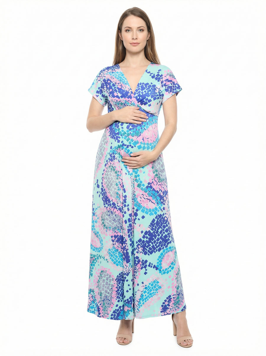 Essential Maternity Mosaic V Neck Empire Waist Cap Sleeve Maxi Dress
