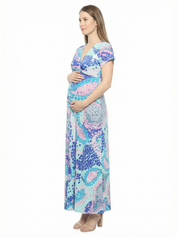Essential Maternity Mosaic V Neck Empire Waist Cap Sleeve Maxi Dress