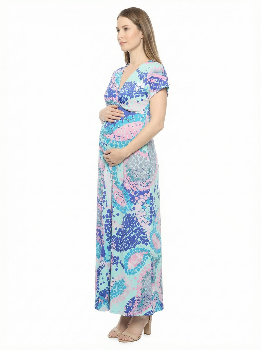 Essential Maternity Mosaic V Neck Empire Waist Cap Sleeve Maxi Dress