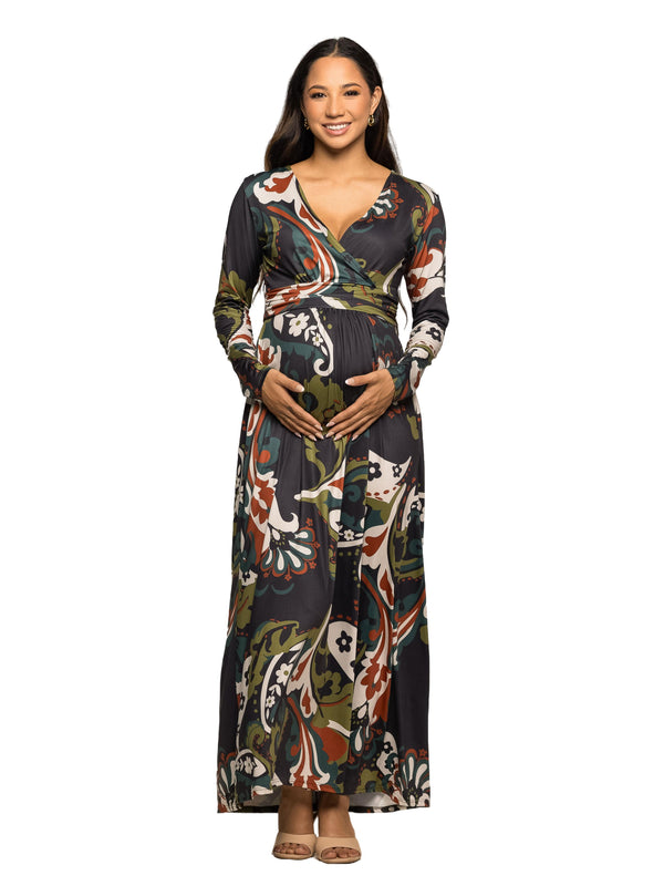 Elevate Maternity Green Paisley Print Long Sleeve Wrap Maxi Dress