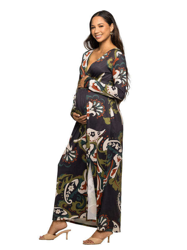 Elevate Maternity Green Paisley Print Long Sleeve Wrap Maxi Dress