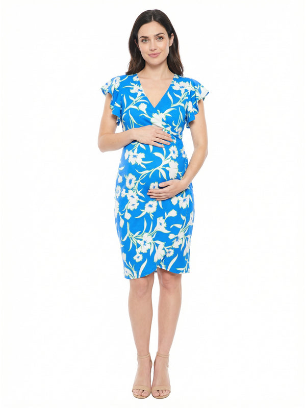 Elevate Maternity Floral Flutter Sleeve Wrap Knee Length Dress